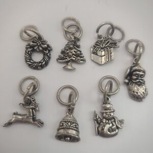 Christmas Jewelry Lot Silver Tone Pendants Charms Santa Snowman Reindeer Wreath